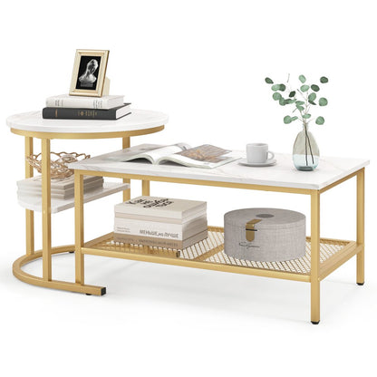 White marble effect coffee table with gold frame and nesting round side table with shelves