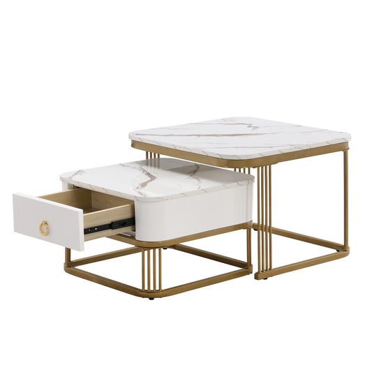 Marble gold nesting coffee tables with open drawer, gold ring pull and gold-tone rod frames