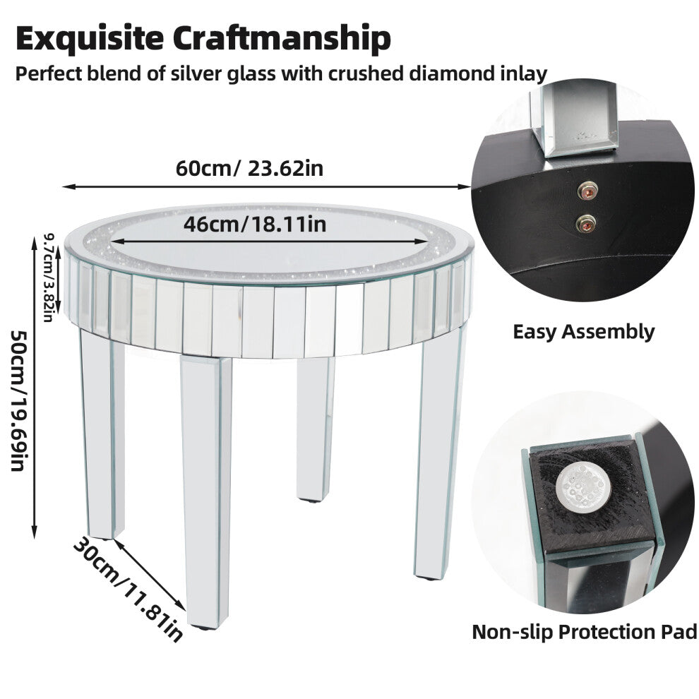 Mirrored round coffee table dimensions: 60cm diameter, 46cm inner mirror, 50cm height, with non-slip pads and easy assembly