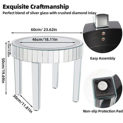 Mirrored round coffee table dimensions: 60cm diameter, 46cm inner mirror, 50cm height, with non-slip pads and easy assembly