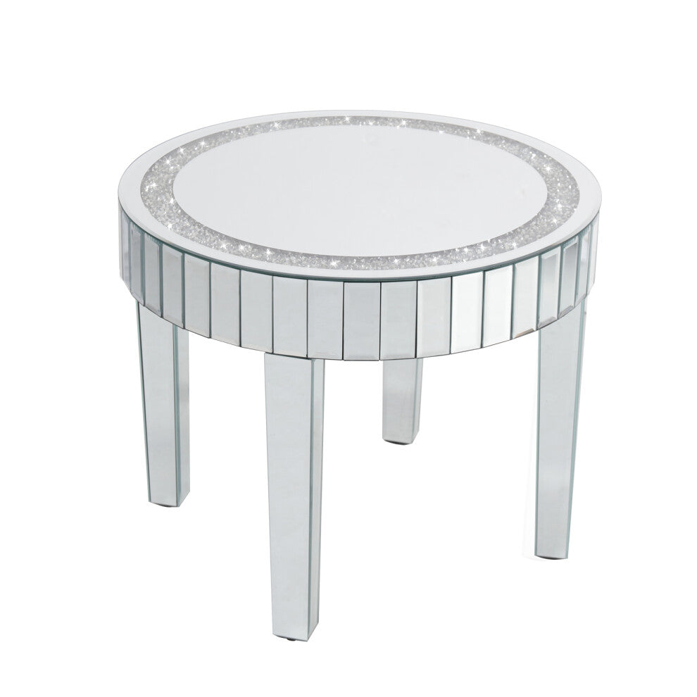 Mirrored round coffee table with crushed crystal border and four mirrored legs on a white background