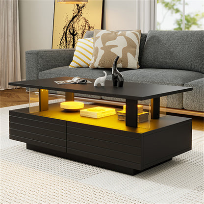 Modern black coffee table with storage glowing with warm amber LED light