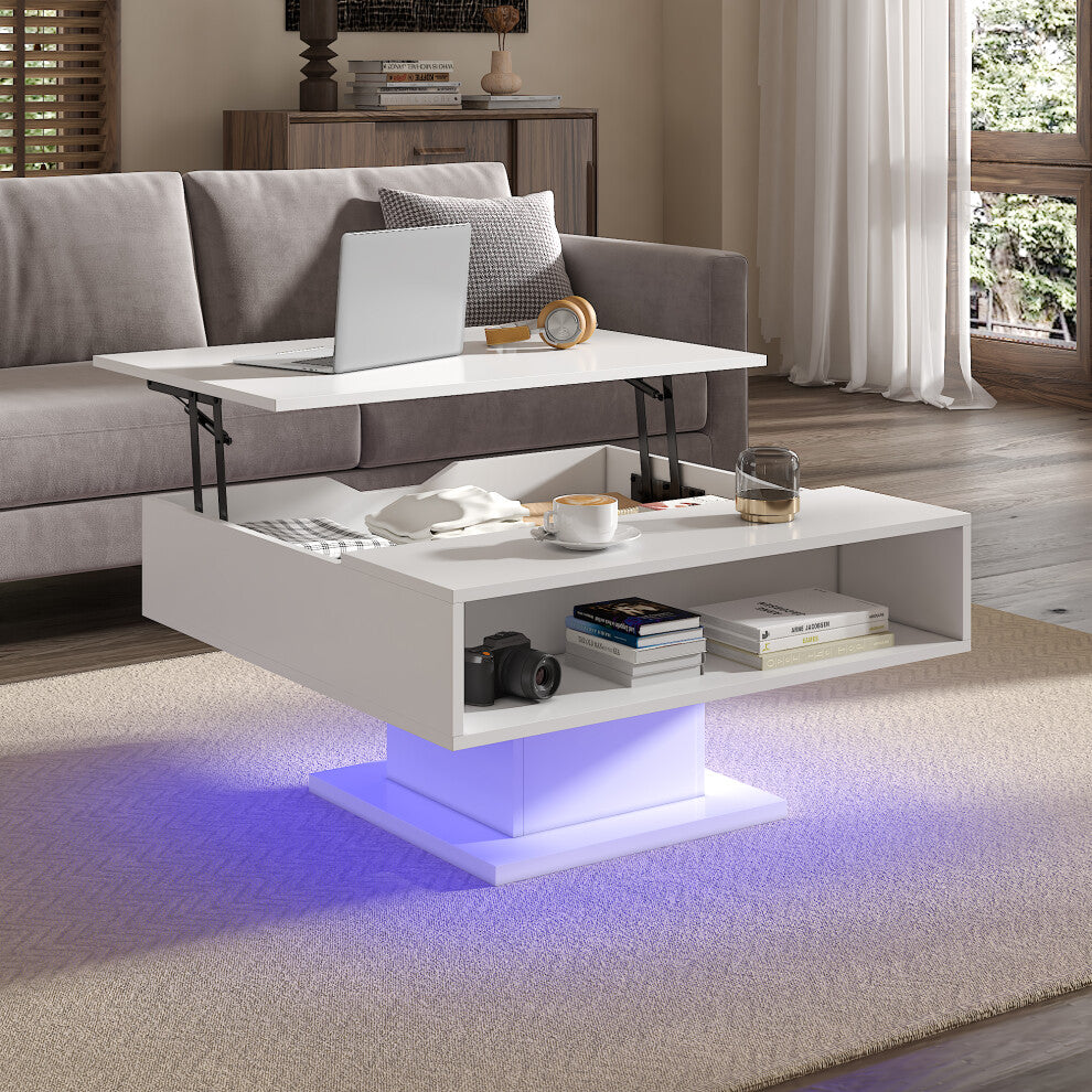 Modern white square coffee table with lift top raised, open side shelf and violet LED glow around the pedestal base