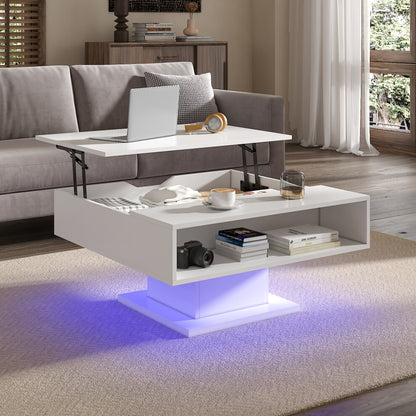 Modern white square coffee table with lift top raised, open side shelf and violet LED glow around the pedestal base