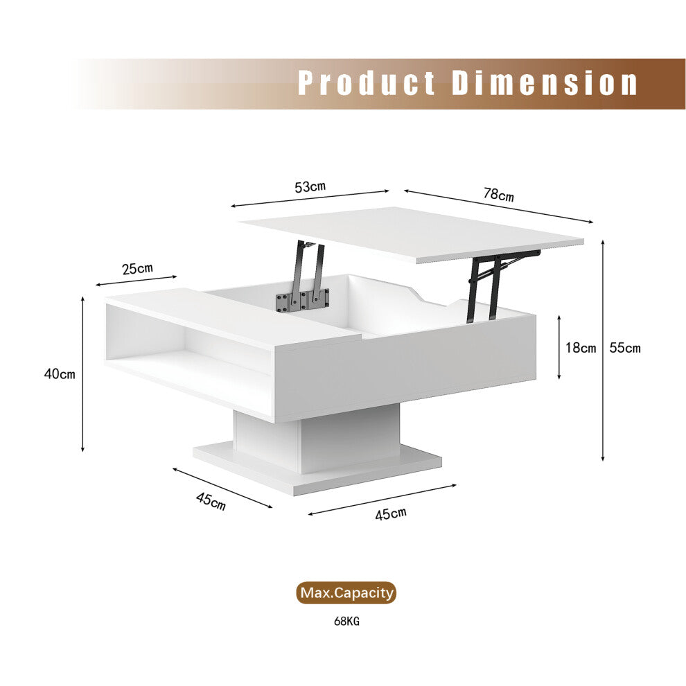 Modern square lift-top coffee table dimensions: 78cm, 40cm closed, 55cm raised, 18cm compartment, 45cm base, 68kg capacity