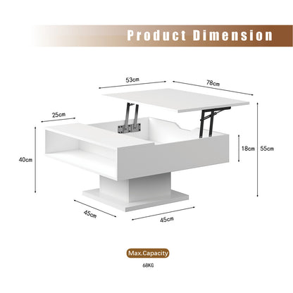 Modern square lift-top coffee table dimensions: 78cm, 40cm closed, 55cm raised, 18cm compartment, 45cm base, 68kg capacity