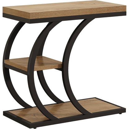 Narrow 3-tier C shaped side table with black metal frame on a white background