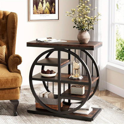 Narrow side table with shelves between two armchairs near a bright window