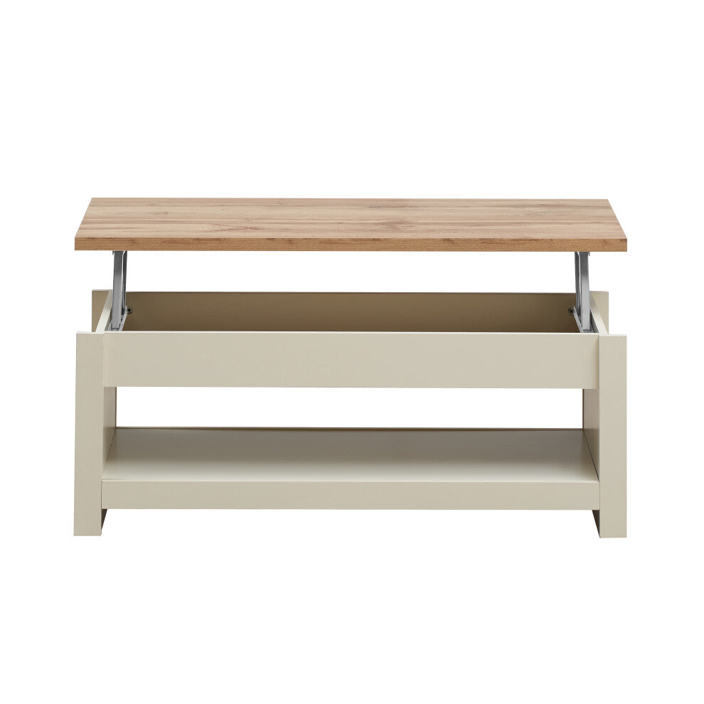 Front view of oak effect top coffee table with storage in cream with lid raised
