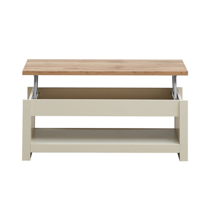 Front view of oak effect top coffee table with storage in cream with lid raised