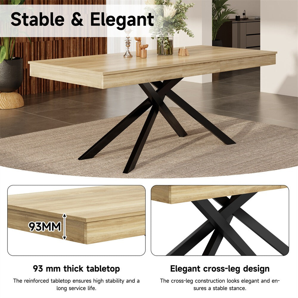 Oak-effect dining table with thick 93mm top edge and black cross-leg base detail