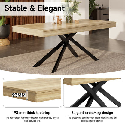 Oak-effect dining table with thick 93mm top edge and black cross-leg base detail