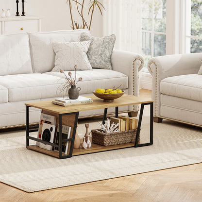 Oak-tone coffee table with side magazine compartment and basket on the lower shelf