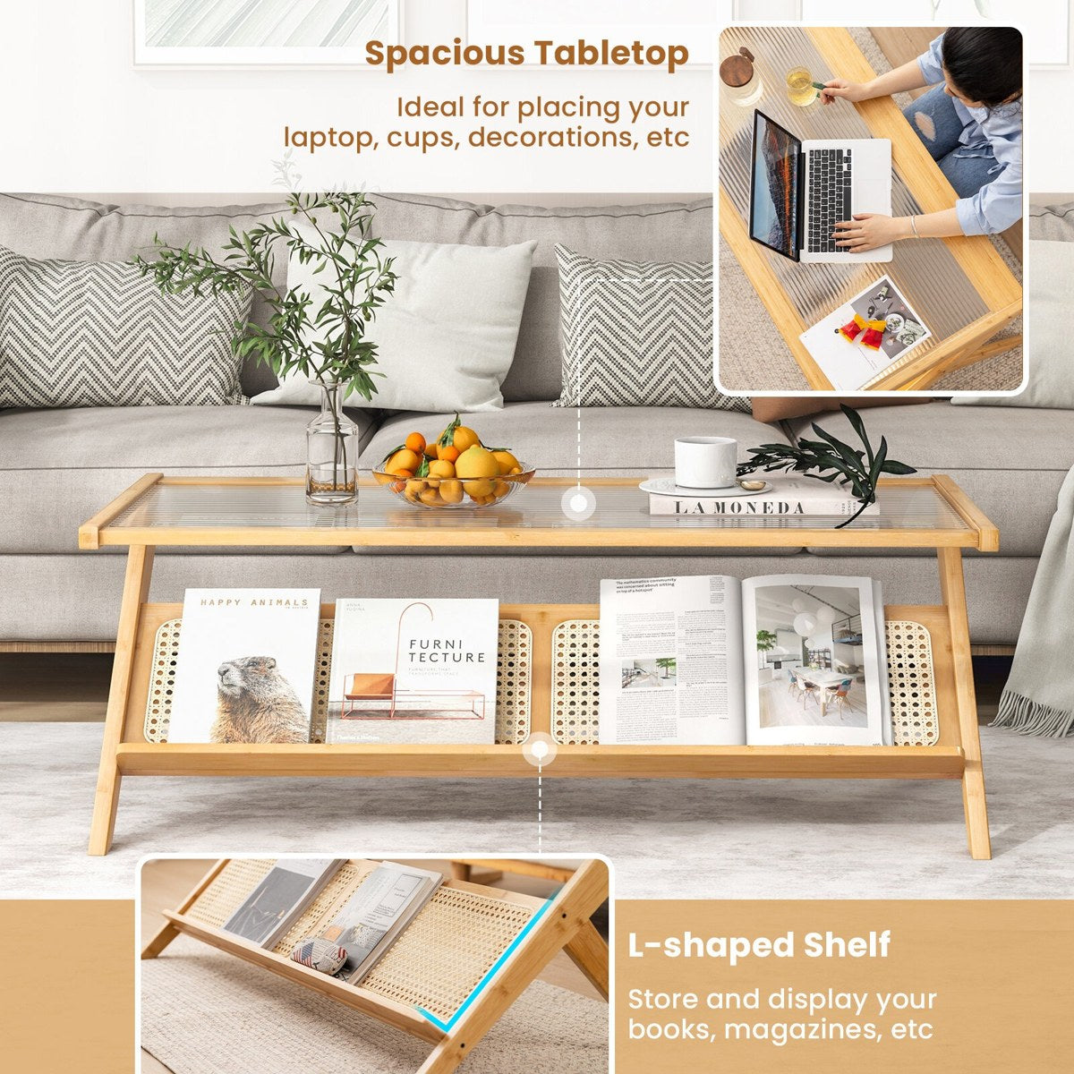 Oblong bamboo coffee table with spacious glass top and L-shaped shelf for books and magazines