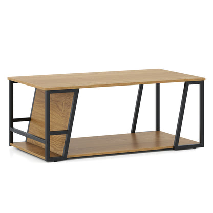 Rectangular 2-tier coffee table with black trapezoid metal frame on a white background