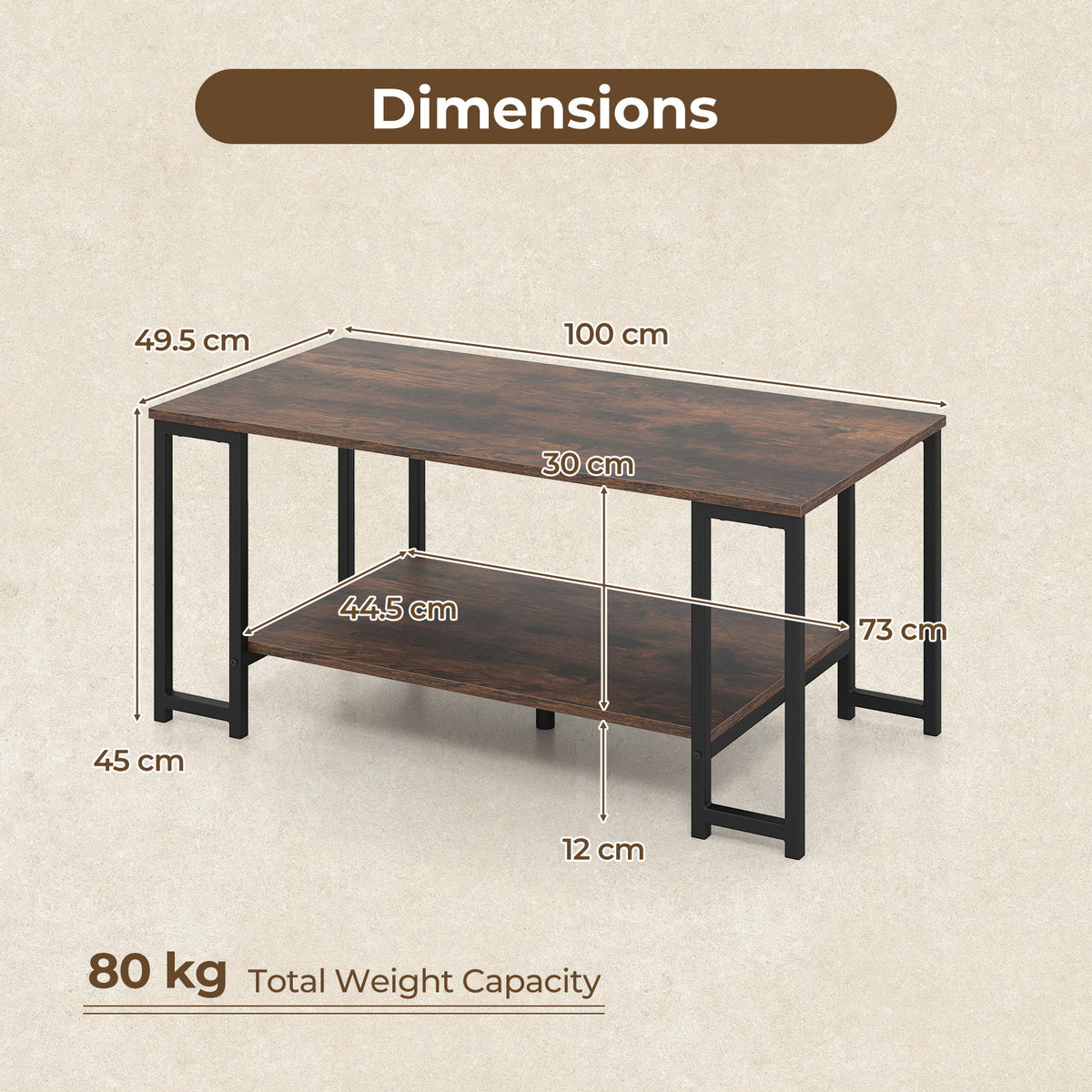 Dimensions diagram of 100cm rectangular coffee table, 49.5cm deep, 45cm high, 80kg capacity