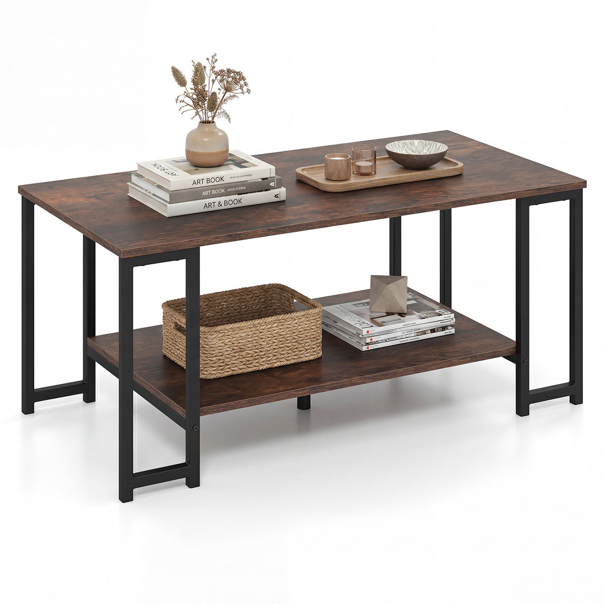 Rectangular rustic brown coffee table with black metal legs and basket on the open shelf, white background
