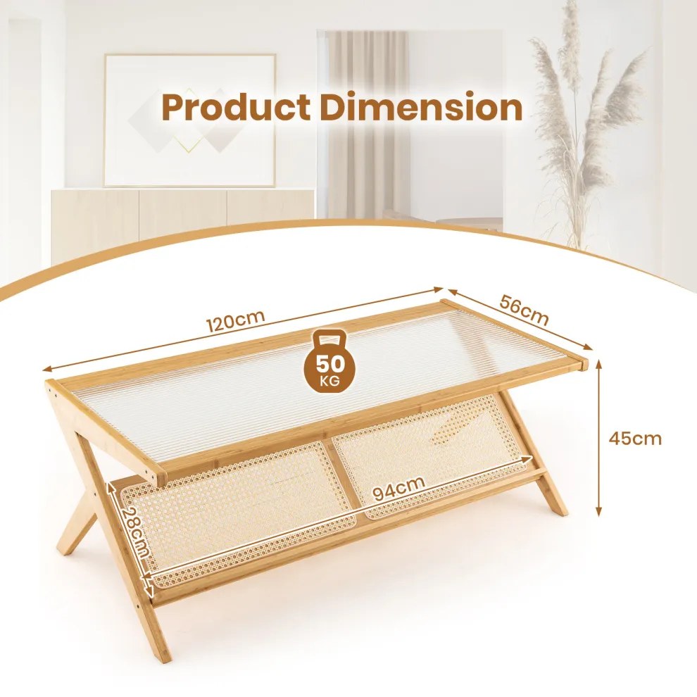 Rectangular glass coffee table dimensions: 120cm long, 56cm deep, 45cm high, 50kg load