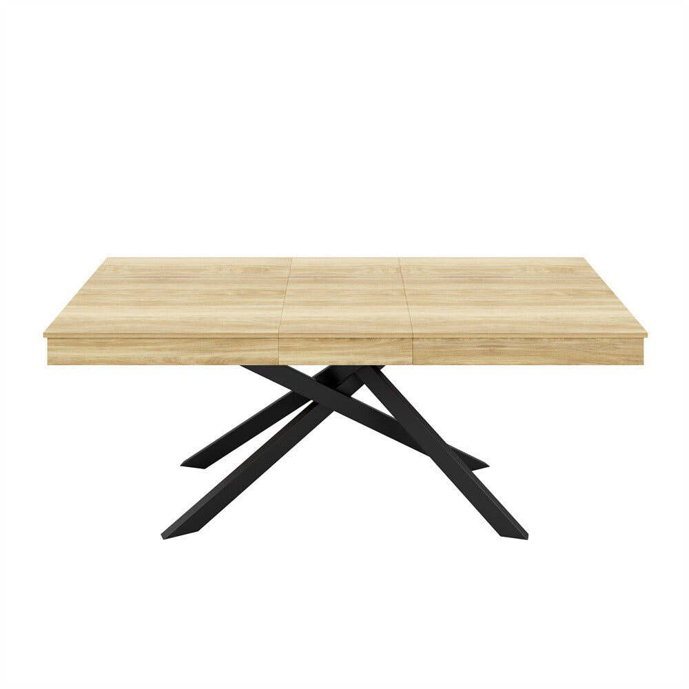 Front view of rectangular oak-effect dining table with black cross legs