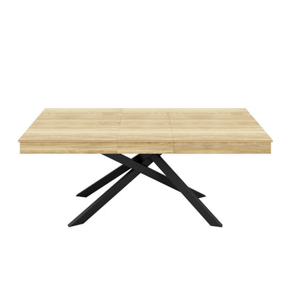 Front view of rectangular oak-effect dining table with black cross legs