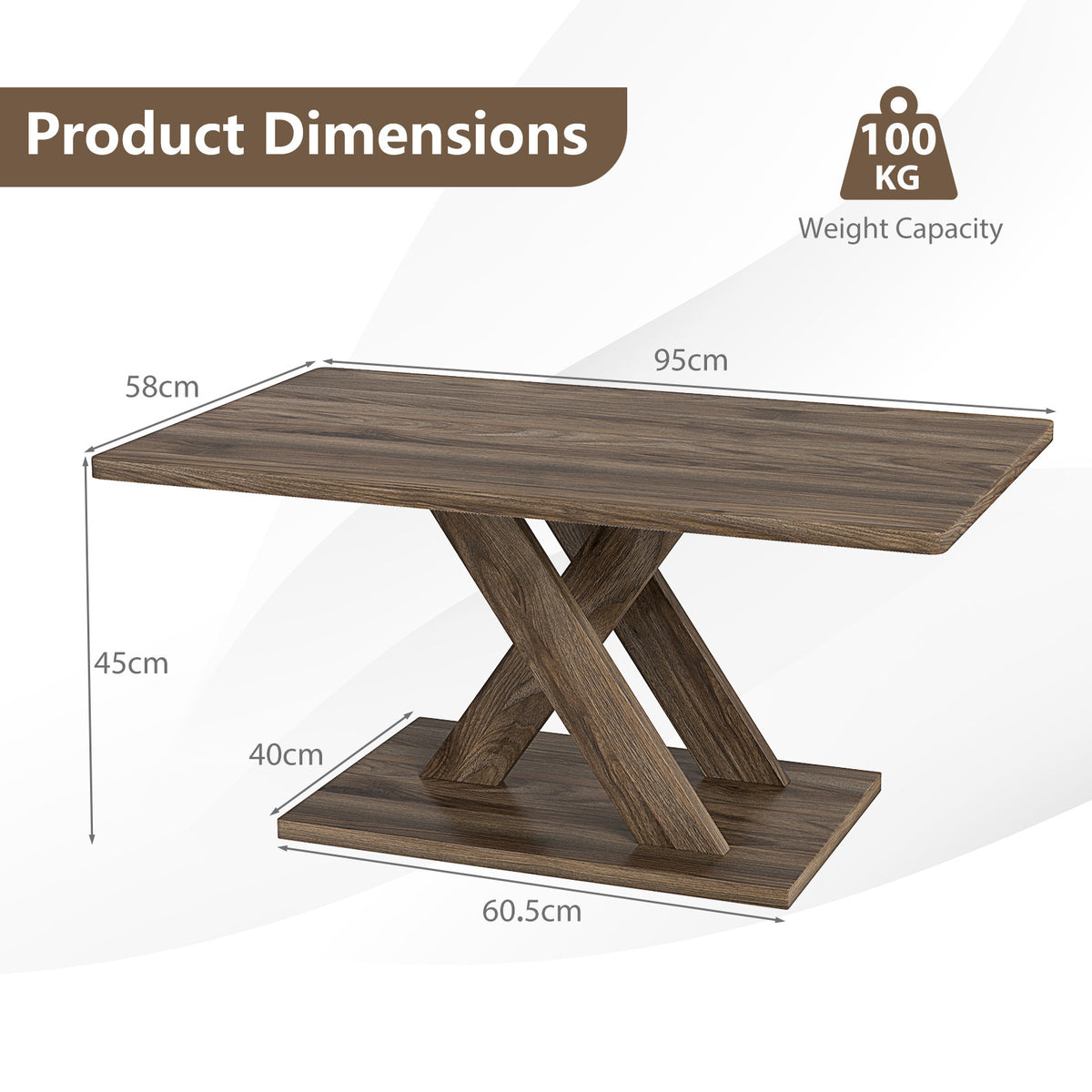 Dimensions diagram of rectangular farmhouse coffee table 95cm long, 58cm deep, 45cm high, 100kg capacity