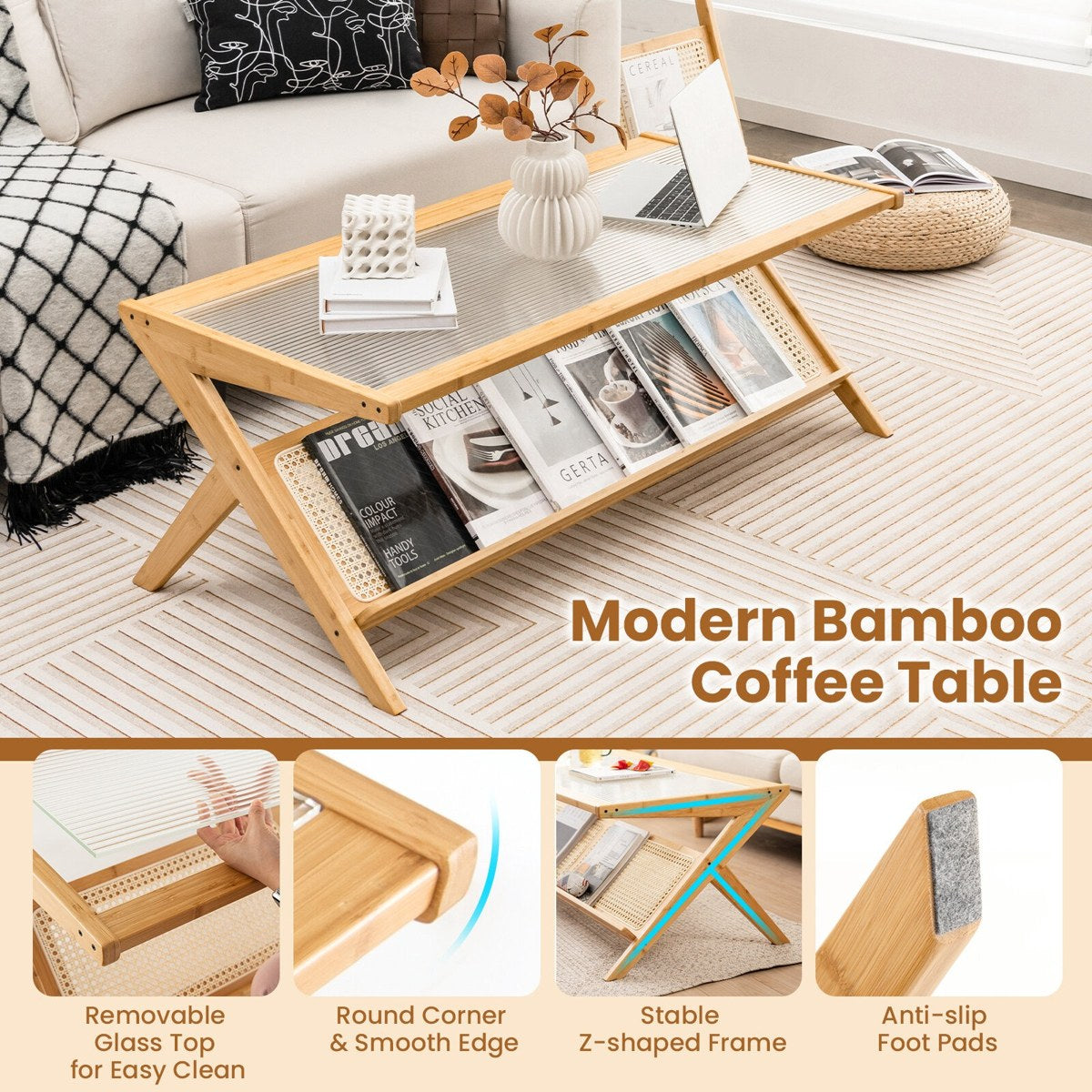 Rectangular glass coffee table showing removable glass top, rounded corners and Z-shaped bamboo frame