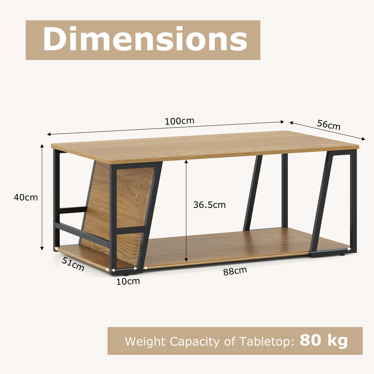 Dimensions diagram of rectangular storage coffee table 100cm long, 56cm deep, 40cm high, 80kg capacity