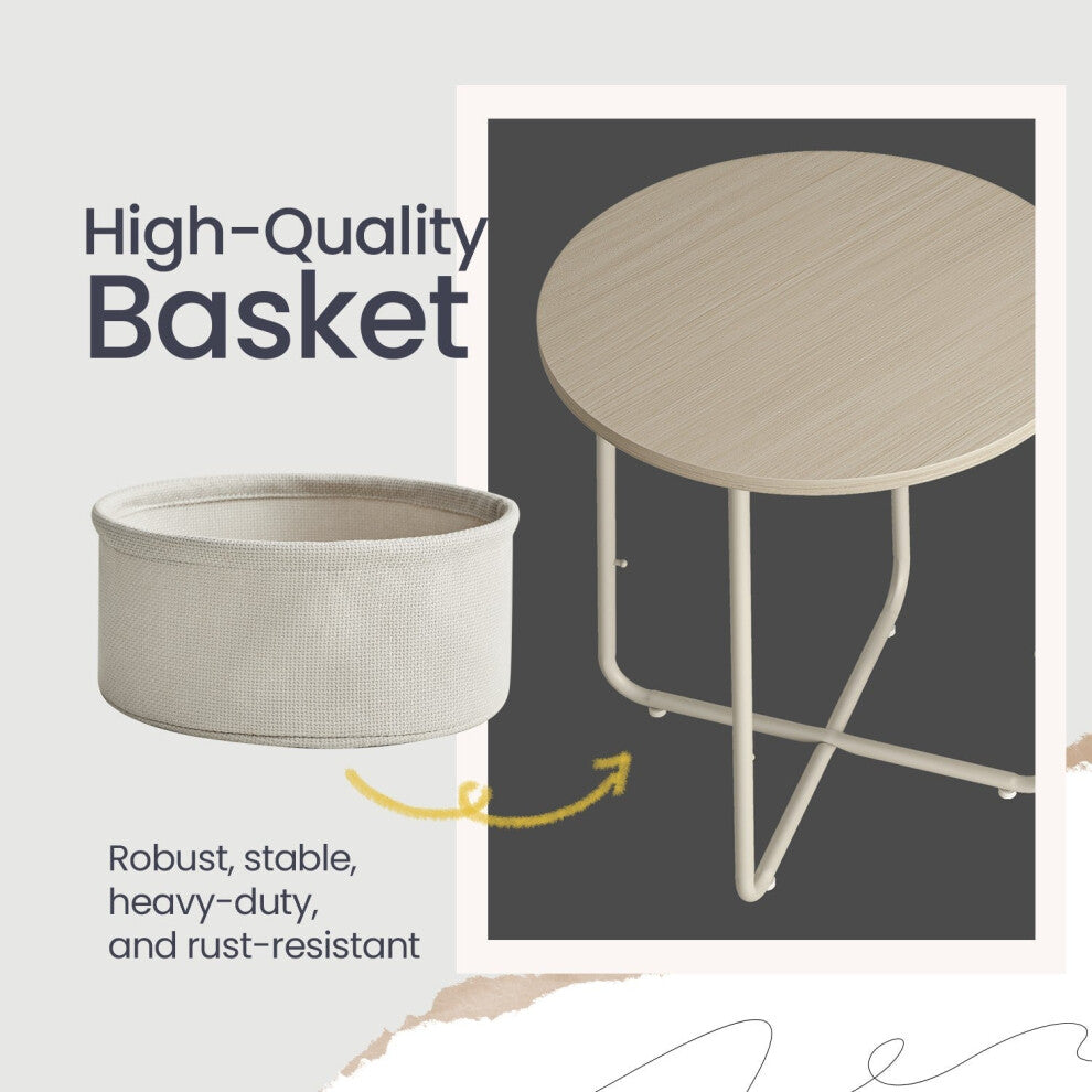 Removable off-white fabric basket and cream frame of a round side table