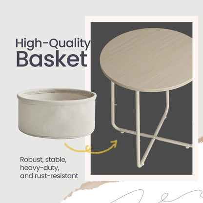Removable off-white fabric basket and cream frame of a round side table