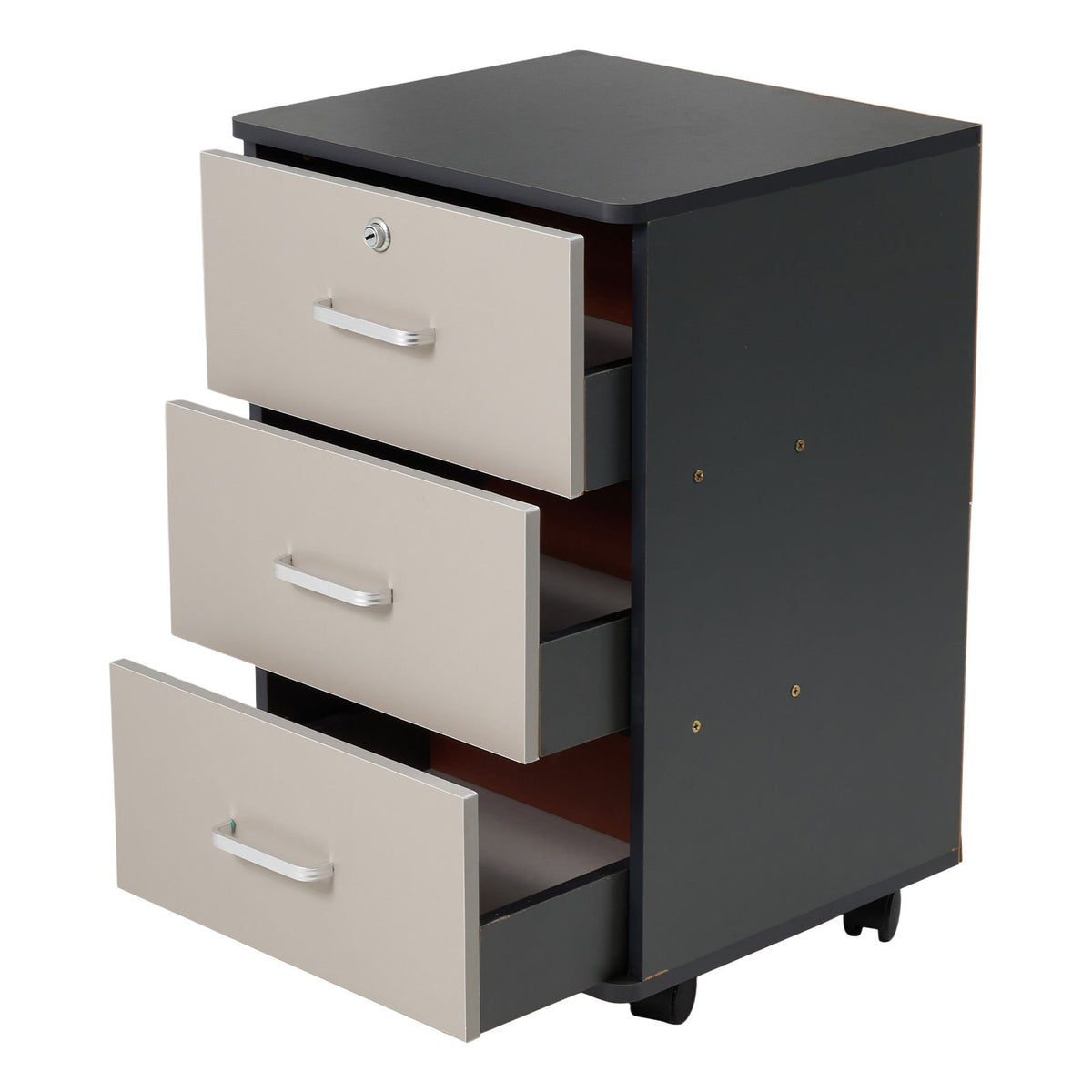 Rolling bedside cabinet with all three drawers open