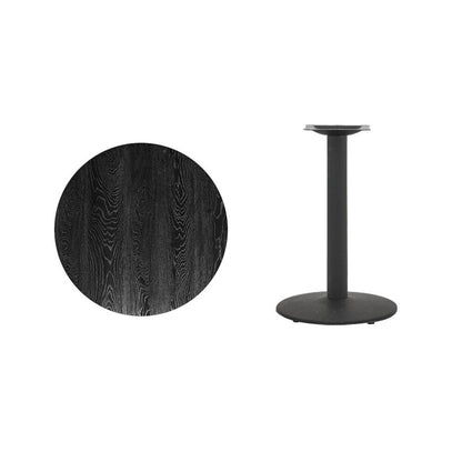 Round black wood-grain tabletop shown beside its black metal pedestal base with mounting bracket