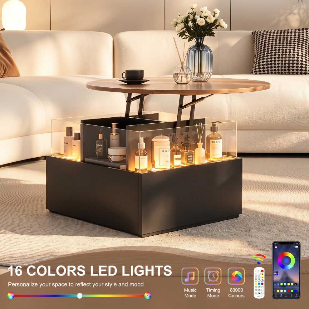 Colour-changing LED lights on a round storage coffee table controlled by smartphone app and remote with music and timer modes