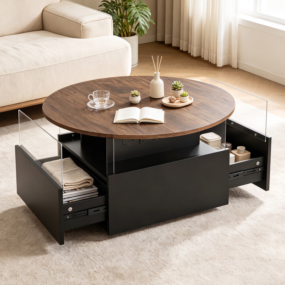 78cm round coffee table with storage drawers open beside a cream sofa, showing acrylic display panels and warm LED lighting