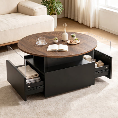 78cm round coffee table with storage drawers open beside a cream sofa, showing acrylic display panels and warm LED lighting