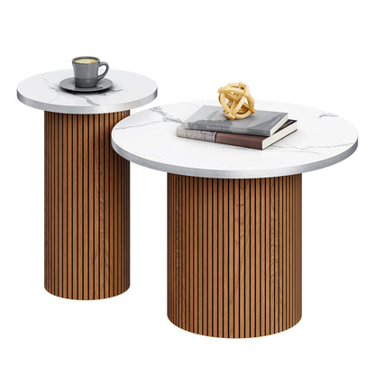 Round fluted coffee table and tall side table in walnut and white on a white background