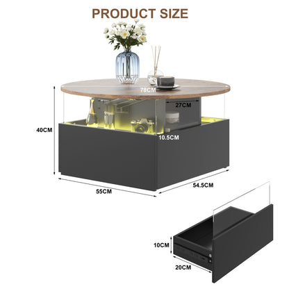 Dimensions of the round lift top coffee table: 78cm diameter top, 40cm height, 55 x 54.5cm base and drawer sizes
