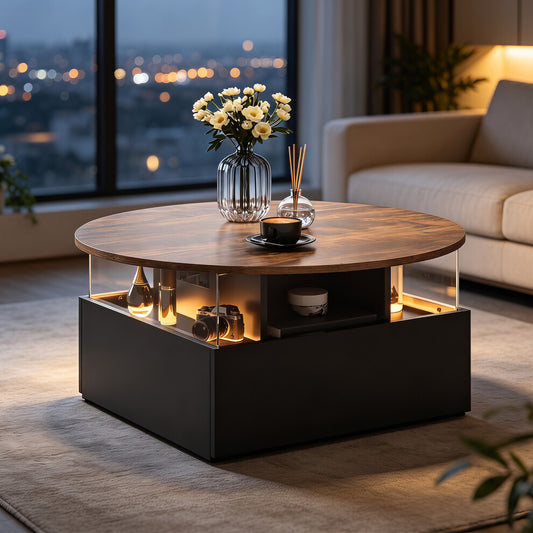 Round lift top coffee table with walnut wood-effect top and black storage base glowing with LED lights in a modern living room at night