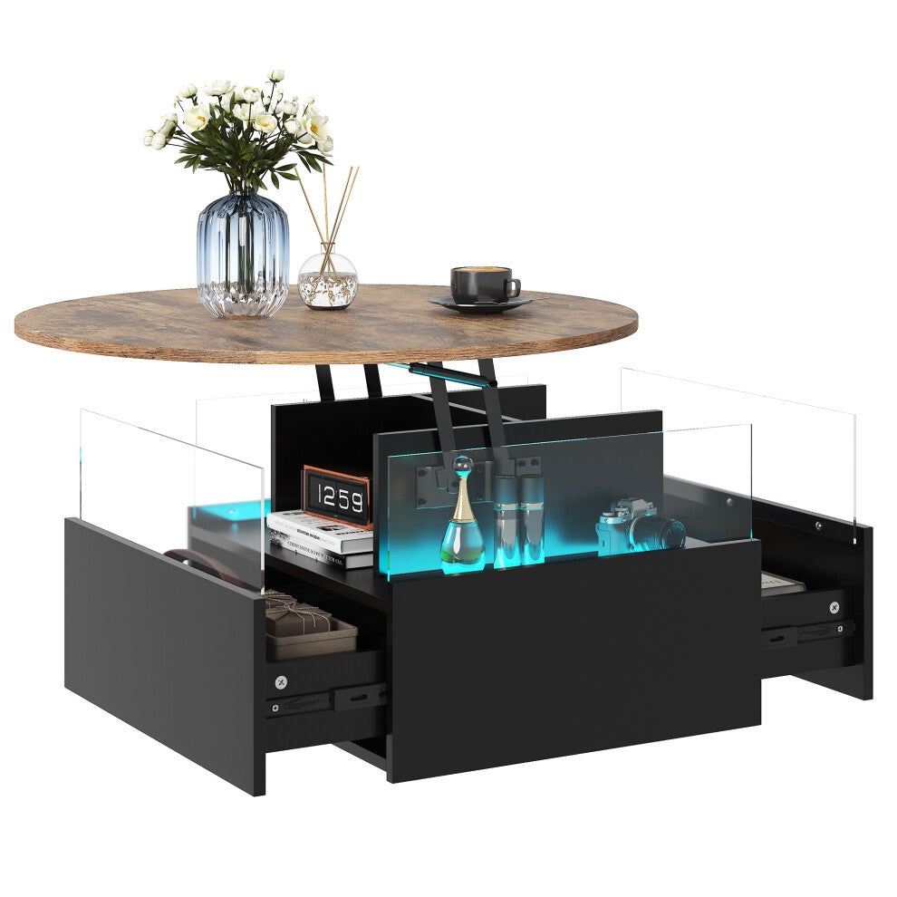 Walnut and black round coffee table with the lift top raised to reveal a hidden storage compartment and two side drawers