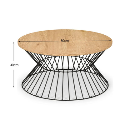 Round oak coffee table dimensions: 80cm diameter, 40cm high