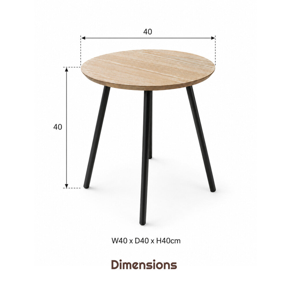 Round side table with black legs dimensions: 40cm wide, 40cm deep and 40cm high
