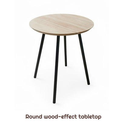 Round wood-effect side table with four black splayed legs on a white background