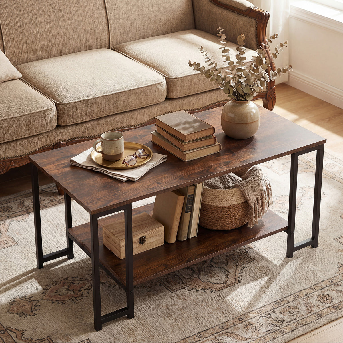Rustic brown rectangular coffee table with black metal frame and open shelf in a cosy living room