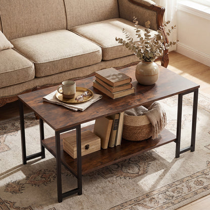 Rustic brown rectangular coffee table with black metal frame and open shelf in a cosy living room