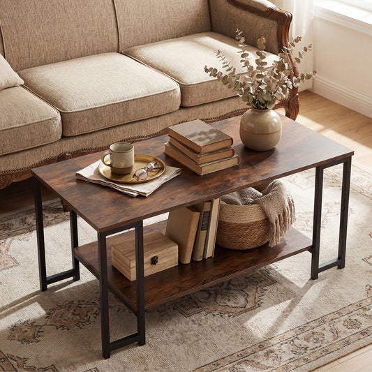 Rustic brown rectangular coffee table with black metal frame and open shelf in a cosy living room