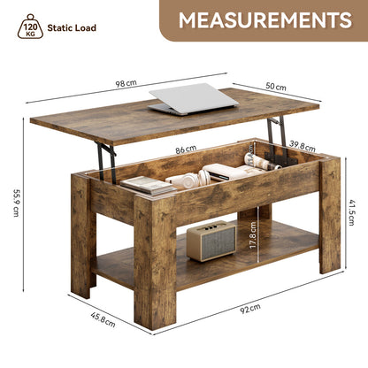 Dimensions of rustic lift top coffee table 98 x 50cm, 41.5cm to 55.9cm high, 120kg static load