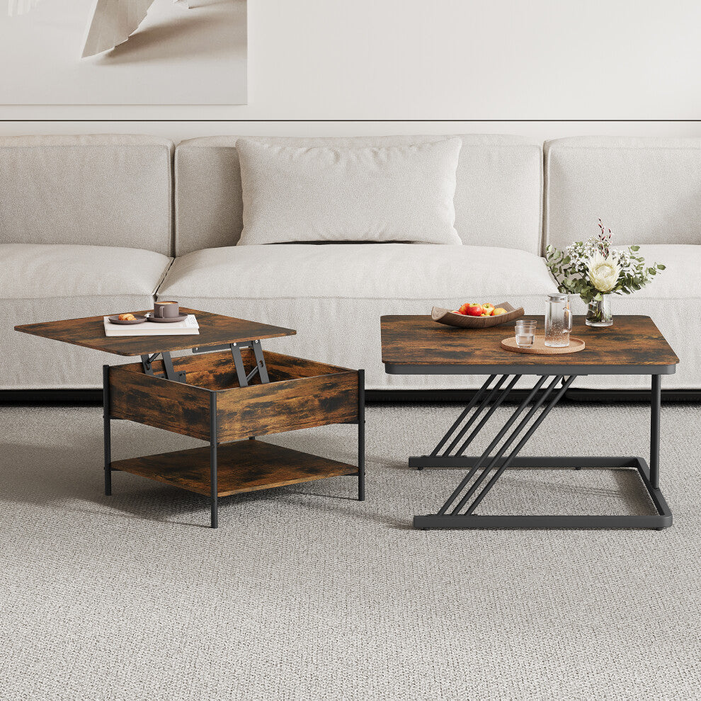 Rustic lift-top square coffee table raised next to the larger Z-frame square table in front of a white sofa