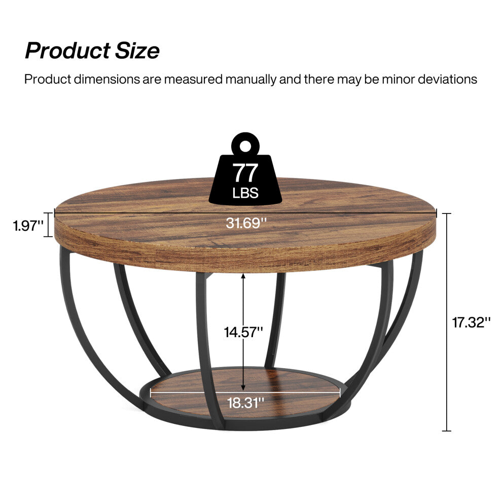 Rustic round coffee table dimensions: 80cm diameter, 44cm high, 35kg capacity