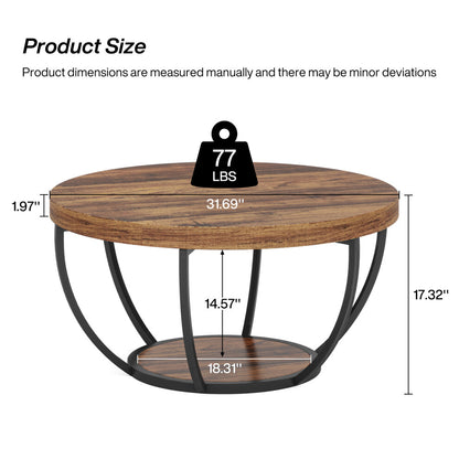 Rustic round coffee table dimensions: 80cm diameter, 44cm high, 35kg capacity