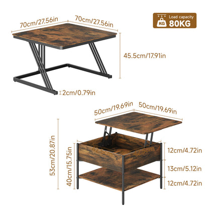 Rustic square coffee table set dimensions: large 70 x 70 x 45.5cm, small lift-top 50 x 50 x 40cm rising to 53cm, 80kg load capacity
