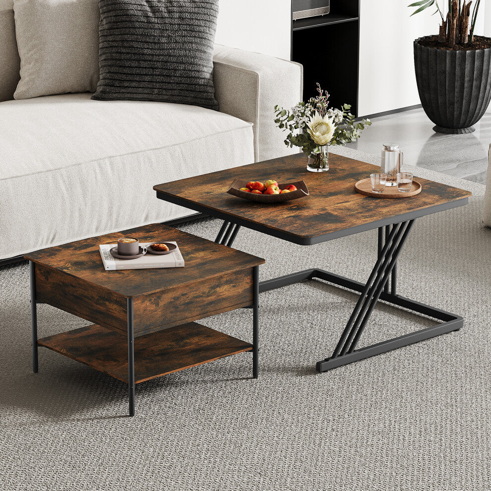 Rustic square coffee table set of 2 nested together, brown wood-effect tops with black Z-frame and lift-top table beside a cream sofa